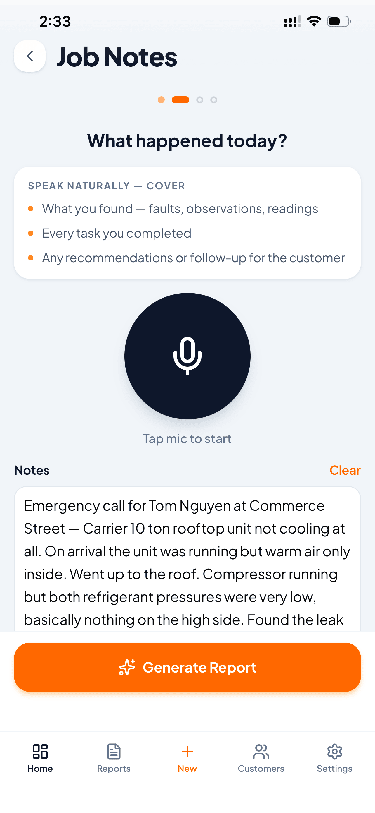 JobWrap — voice recording screen
